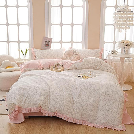 HighBuy Pink Floral Comforter Set Twin XL Coquette Ruffle Comforter Fluffy with 2 Lace Pillow Shams Reversible Stripes Bedding Comforter Set Cozy Princess for Girls Women