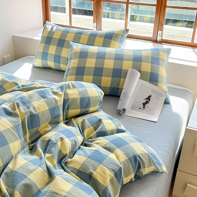 FACE TWO FACE Bedding Duvet Cover Set100% Washed Cotton Duvet Cover Linen Like Textured Breathable Durable Soft Comfy (King, Blue Yellow Grid)