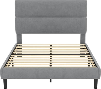 GRUSIGN Full Size Platform Bed Frame with Velvet Headboard, Adjustable Height Wooden Slats Support, Upholstered Mattress Foundation, Fits Mattress or Mattress with Box Spring, Easy Assembly, Grey