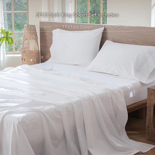 MooMee Bedding Sheet Set 100% Washed Cotton Linen Like Textured Breathable Durable Soft Comfy (Solid Bright White, Twin)