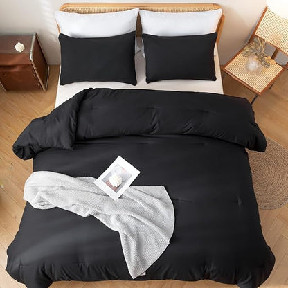 SDIII 3PCS Black Full Size Comforter Set with 2 Pillowcases, Brushed Microfiber Black Comforter Full Size Lightweight, All Season Soft Bedding Set