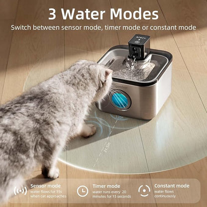 Wireless Cat Water Fountain Stainless Steel, 135oz/4L, 6 Filters | Cordless Design, Motion Sensor, 4000mAh Battery Operated Pet Fountain, 3 Water Modes, 20dB Quiet Pump, Multi-Filtration
