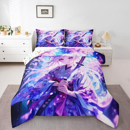 Erosebridal Anime Girl Twin Comforter Set for Kids, Kawaii Japanese Anime Bedding Set Cartoon Girl Duvet Insert Sci Fi Style Japanese Animation Quilt for Kids Girls Teens Adult Bedroom