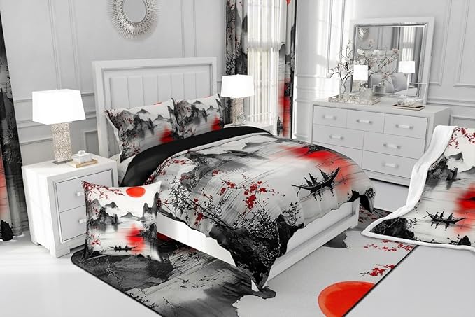 Feelyou Japanese Theme Bedding Set Twin Size Cherry Blossom Duvet Cover for Adult Kids Boys Girls Watercolor Comforter Cover Set Natural Landscape Bedspread Cover 2Pcs Zipper