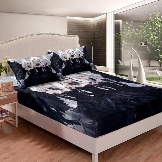 Erosebridal Japanese Anime Full Size Fitted Sheet, Anime Girl Bedding Set Kawaii Japanese Style Bed Sheets Cartoon Japan Animation Bed Set for Boys Teens Adult Women Bedroom Decor, Black