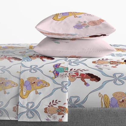 Jay Franco Kids Sheet Set with Fitted, Flat Sheets & Pillow Cover - Ultra-Soft Bedding with Pillowcase for Room Decor, White – Disney Princess, 4 Piece Queen