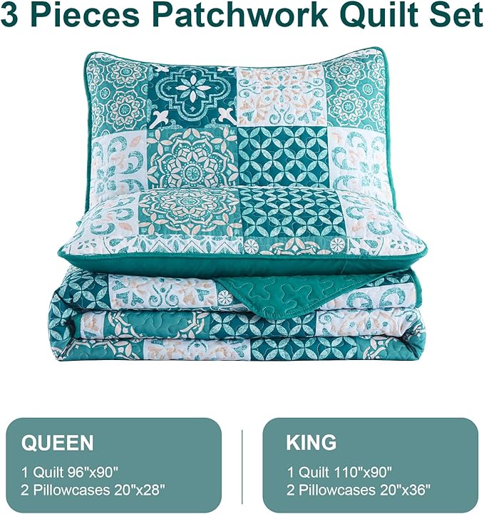 Dobuyly Teal Quilt Set Queen Size, Boho Turquoise Plaid Patchwork Bedspreads Coverlet Set, 3 Pieces Soft Lightweight Microfiber Bohemian Quilt Bedding Set for All Seasons 96"x90"