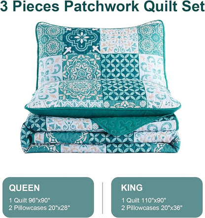 Dobuyly Teal Quilt Set Queen Size, Boho Turquoise Plaid Patchwork Bedspreads Coverlet Set, 3 Pieces Soft Lightweight Microfiber Bohemian Quilt Bedding Set for All Seasons 96"x90"