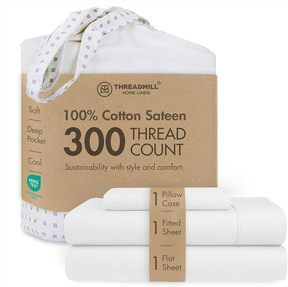 Threadmill Cotton Twin XL Sheet Set | 100% Cotton Sheets for Twin XL Size Bed | Damask Jacquard Sateen Twin XL Bed Sheets Set with 16” Deep Pocket | Soft Breathable 3-Piece Cooling Sheet Set | White