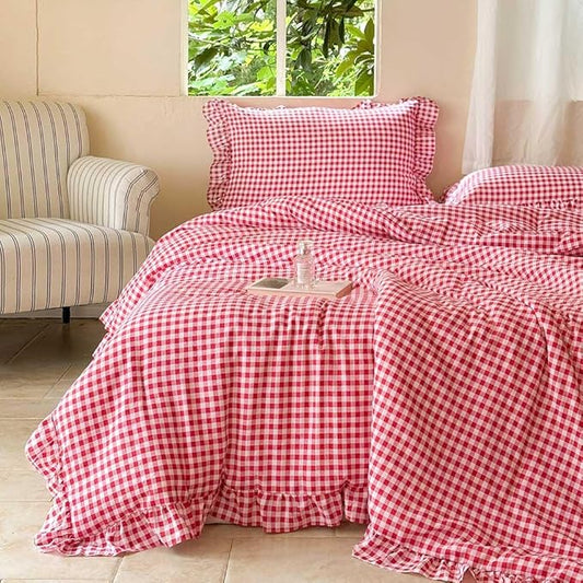 NSNLGSGC Red Ruffle Gingham Comforter Set Twin, Pre-Washed Ruffled Plaid Checked Comforter Bedding, 2 Pieces Vintage Farmhouse Grid Bedding Set(Red Gingham, Twin)