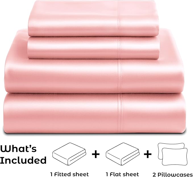 Satin Sheets King [4-Piece, Pink] Hotel Luxury Silky Bed Sheets - Extra Soft 1800 Microfiber Sheet Set, Wrinkle, Fade, Stain Resistant - Deep Pocket Fitted Sheet, Flat Sheet, Pillow Cases
