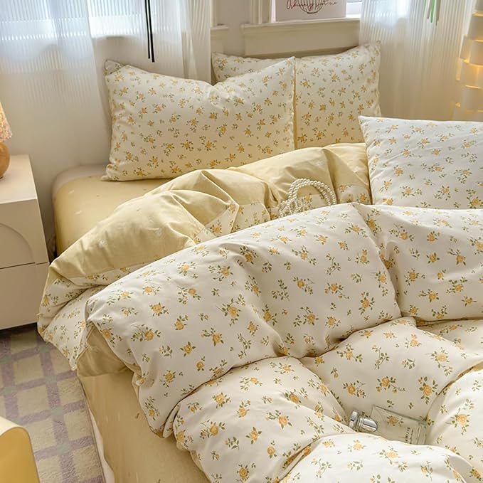 Yellow Twin Comforter Set - Orange Floral Quilt Bedding Set 2 Pieces, Comforter Set Twin Size, Soft & Lightweight Comforter(68‘’ x 90‘’) for Girl All Season & 1 Pillowcase(30‘’x20‘’)