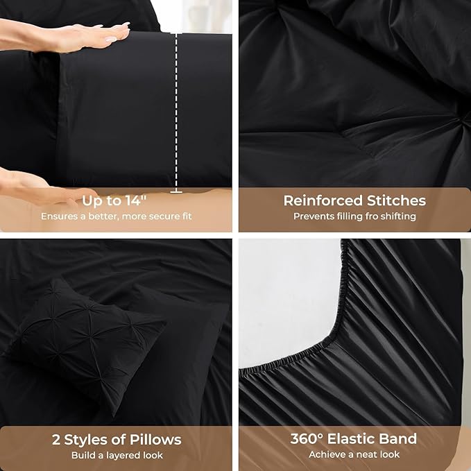 Sasttie Queen Comforter Set, 7-Piece Bed in a Bag, Pintuck Bedding Sets for All Season, Includes Comforter, Flat Sheet, Fitted Sheet, Pillowcases and Pillowshams, Black