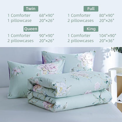 BOLINLIVING Floral Queen Comforter Set 3 Pieces, Soft Breathable Bed in a Bag Queen Size, Green and Purple Floral Bedding Set for All Season, 1 Comforter & 2 Pillowcases