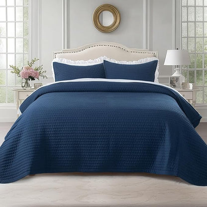 KASENTEX Queen Quilt Set 90"x90" – Soft Washed 3-Layer Lightweight Bedspread, Minimalist Nordic Design, All-Season Spring & Summer Quilt Set (1 Quilt + 2 Pillow Shams),Dress Dark Blue