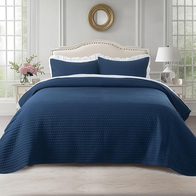 KASENTEX Oversized Queen Quilt Set 102"x106" – Soft Washed 3-Layer Lightweight Bedspread, Minimalist Nordic Design, All-Season Spring & Summer Quilt Set (1 Quilt + 2 Pillow Shams),Dress Dark Blue