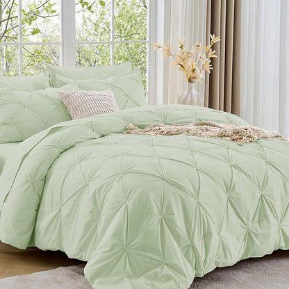 Sasttie Full Size Comforter Set, 7-Piece Bed in a Bag, Pintuck Bedding Sets for All Season, Includes Comforter, Flat Sheet, Fitted Sheet, Pillowcases and Pillowshams, Mint