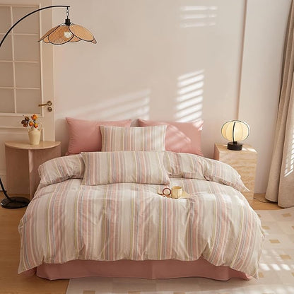 HighBuy King Comforter Set Fluffy White and Pink Striped Bedding Stripes Comforter Set Modern Chic Geometric Comforter with 2 Pillow Shams Stripe Bedding Comforter for Boys Girls All Season