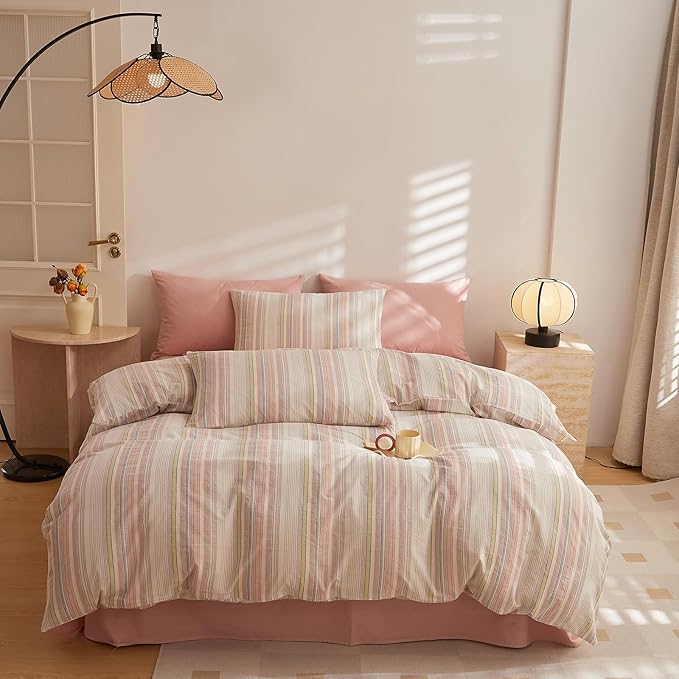HighBuy Queen Comforter Set Fluffy White and Pink Striped Bedding Stripes Comforter Set Modern Chic Geometric Comforter with 2 Pillow Shams Stripe Bedding Comforter for Boys Girls All Season
