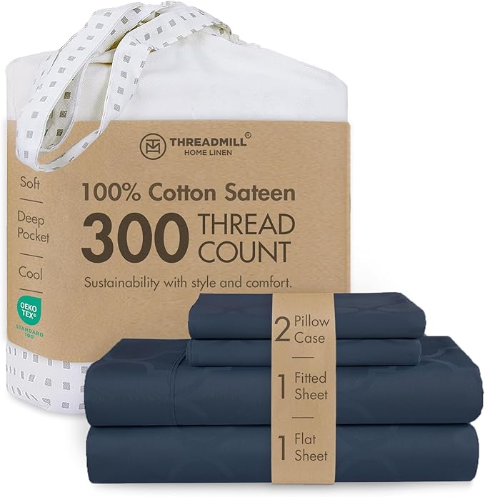 Threadmill Cotton Queen Sheet Set | 100% Cotton Sheets for Queen Size Bed | Damask Jacquard Queen Bed Sheets Set with 16” Deep Pocket | Soft Sateen Weave 4-Piece Cooling Bedding Set | Folkstone Blue