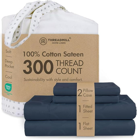 Threadmill Cotton Queen Sheet Set | 100% Cotton Sheets for Queen Size Bed | Damask Jacquard Queen Bed Sheets Set with 16” Deep Pocket | Soft Sateen Weave 4-Piece Cooling Bedding Set | Folkstone Blue