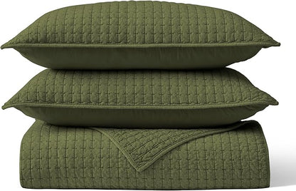 Wonderful Cotton Blended Jersey Knit Queen Quilt, Stitch Bedding Heather Dark Green Quilt with 2 Pillow Shams, Cloud Bedpsread, All-Season Coverlet, 94"x94"