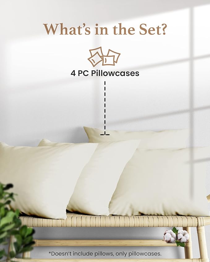 Set of 4 Pillow Cases King, 800 TC 100% Egyptian Cotton, Great for Hair & Skin Care, Silky Soft Sateen Weave Pillow Covers for Bed Pillow, Improves Sleep Quality, 4" Hem Pillowcases, Ivory