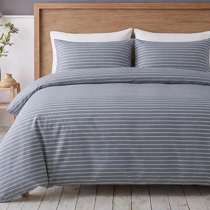 Bedbay Grey Striped Duvet Cover Set Queen Size, 100% Cotton Sateen Bedding Set, Modern Minimalist Hotel Style 3 Piece Duvet Cover, Soft Breathable All-Season Bedding