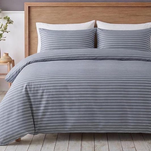 Bedbay Grey Striped Duvet Cover Set Queen Size, 100% Cotton Sateen Bedding Set, Modern Minimalist Hotel Style 3 Piece Duvet Cover, Soft Breathable All-Season Bedding