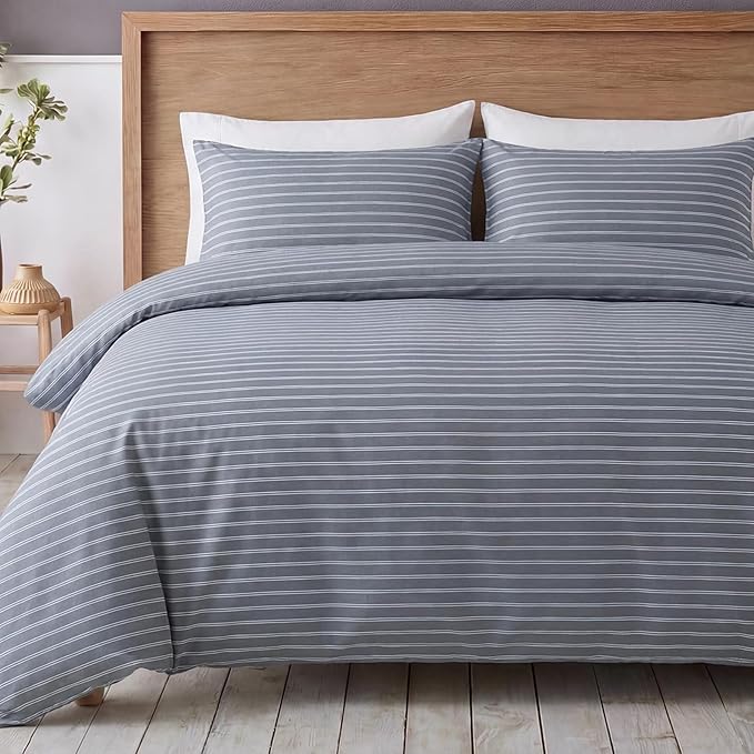 Bedbay Grey Striped Duvet Cover Set King Size, 100% Cotton Sateen Bedding Set, Modern Minimalist Hotel Style 3 Piece Duvet Cover, Soft Breathable All-Season Bedding