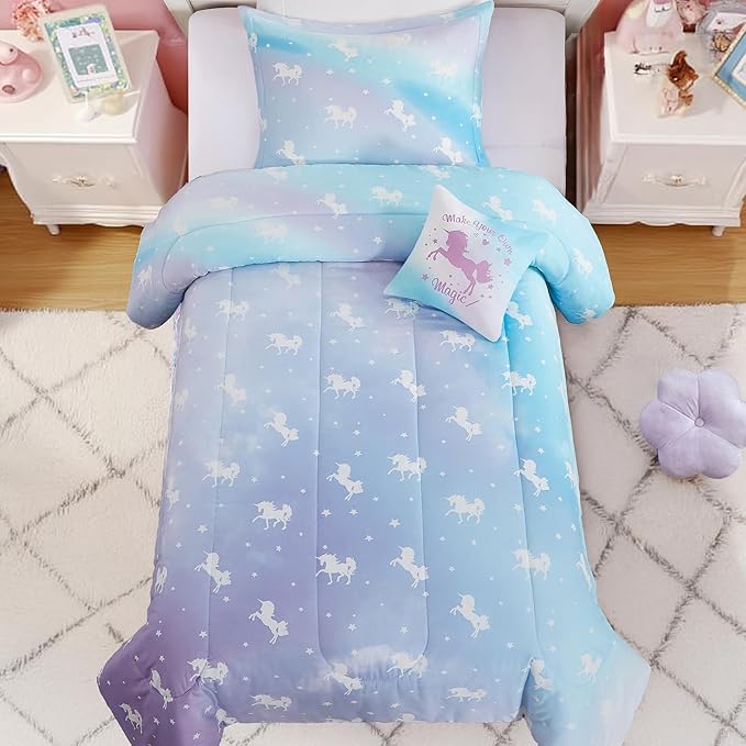 Full Size Comforter Set for Girls-4 Pieces Unicorn Glow in the Dark Full Bedding Sets for Kids, 1 Comforter, 2 Shams and 1 Decor Pillow