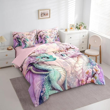 Western Dragon Couple Bedding Set,Japanese Cherry Blossom King Comforter Set with Sheets for Kids Teens Room Decor,Pastel Girly Pink Castle Bed in a Bag 7 Piece for Bedroom Living Room