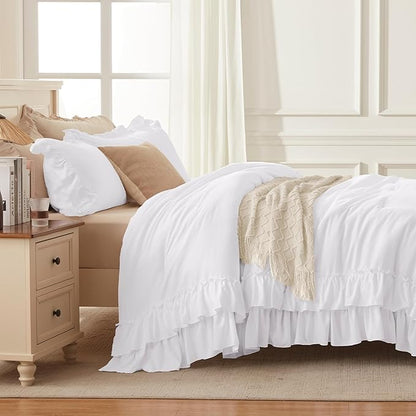 Andency Oversized King Ruffle Comforter Set, 3 Pieces Shabby Chic Farmhouse Bedding Set, Lightweight Soft Comforter Set 120x98 for Girls Women (1 Comforter 2 Pillowcases), White