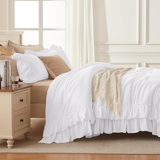 Andency White Comforter Set Queen Size, Lightweight Fluffy Farmhouse White Ruffle Bedding Set, Soft Polyester All Season Shabby Chic Bed Comforter Set 3 Pieces(1 Ruffle Comforter 2 Pillowcases)