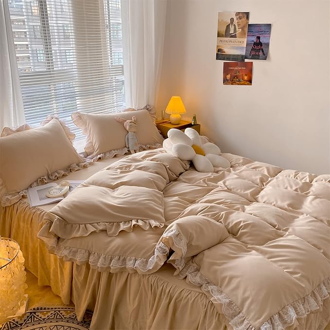 Chic Ruffle Lace Polyester Duvet Cover Set - Luxury Premium Champagne Bedding-2 Piece Twin Duvet Cover with Zipper Closure -Ultra Soft and Light Weightt (Champagne, Twin)-NO Including Comforter