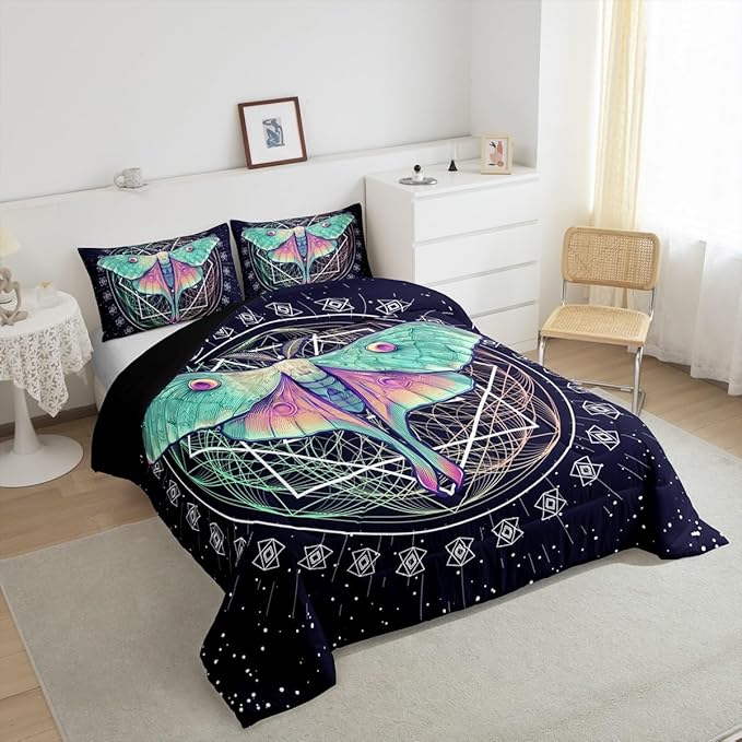 Erosebridal Moth Comforter Butterfly Bedding Set Queen Size Gothic Decor Down Comforter Geometric Comforter Set Halloween Duvet Set for Kids Boys Girls Teens Room Dorm Decorative, Navy Blue