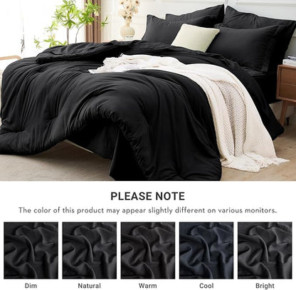 MUXHOMO 7 Pieces California King Comforter Set, Soft Bed in a Bag Cal King Size, All Season Bedding Set with Comforter, Flat Sheet, Fitted Sheet, Pillowcases & Shams, Black