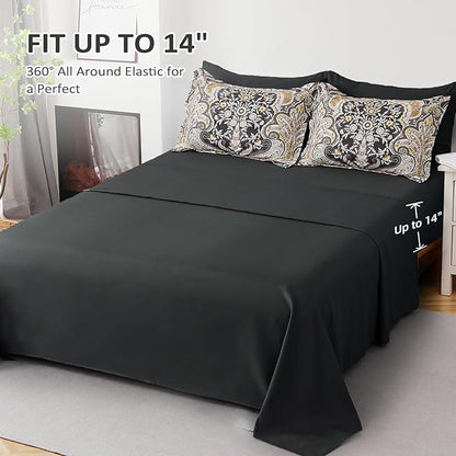 Drucon Boho Paisley Comforter Set King Size, 7 Pieces Bed in a Bag Black Gold Comforter Set, Soft Lightweight Bedding Set (1 Comforter, 1 Flat Sheet, 1 Fitted Sheet, 2 Pillow Shams, 2 Pillowcases)