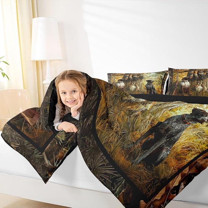Erosebridal Pheasant Hunting Comforter Set King Size Black Dog Bedding Set Boho Farmhouse Wild Animals Down Comforter Woodland Leaves Hunter Gun Room Decor Quilt Set for Men Boys Adults Kid