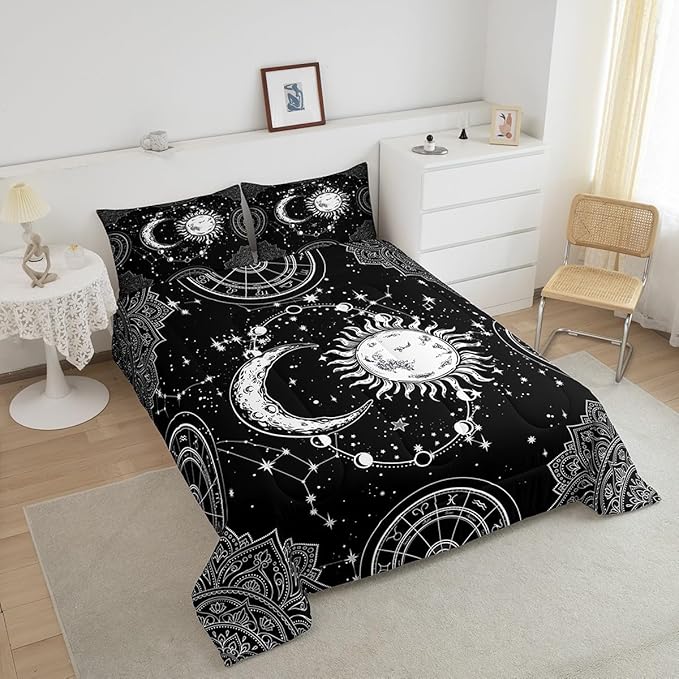 Sun and Moon Bedding Set Constellation Galaxy Comforter Set for Kids Boys Girls Teens Psychedelic Boho Mandala Comforter Breathable Celestial Duvet Set Black White Room Decor Quilt Cover Queen Size