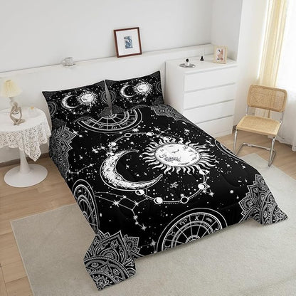 Sun and Moon Bedding Set Constellation Galaxy Comforter Set for Kids Boys Girls Teens Psychedelic Boho Mandala Comforter Breathable Celestial Duvet Set Black White Room Decor Quilt Cover Queen Size