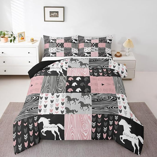 Girls Unicorn Comforter Full Girly White Horse Bedding Western Cowboy Cowgirls Quilt Patchwork Buffalo Plaid Duvet Insert Arrow Stripes Wild Animal Soft Down Comforter 3Pcs Bedroom Decor,Pink Black