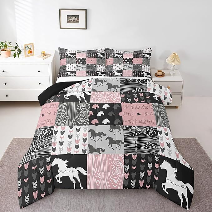 Girls Unicorn Comforter King Girly White Horse Bedding Western Cowboy Cowgirls Quilt Patchwork Buffalo Plaid Duvet Insert Arrow Stripes Wild Animal Soft Down Comforter 3Pcs Bedroom Decor,Pink Black