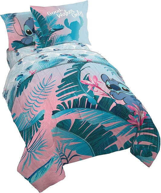 Jay Franco Disney Lilo & Stitch Floral Fun 7 Piece Full Bed Set - Includes Reversible Comforter & Sheet Set Bedding - Super Soft Fade Resistant Microfiber - (Official Disney Product)
