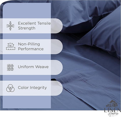 Linen Home 100% Cotton Percale Twin Sheets 3-Piece Set, Soft Breathable & Cooling Bed Linen, Deep Pocket 16", Crisp Hotel Quality, Dark Blue