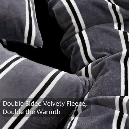 Bedbay Grey Striped Bedding Comforter Set King Size Luxury Velvet Fleece Comforter Set 3 Pcs Fluffy Plush Flannel Bedding Set Cozy Reversible Fleece Soft Warm Shaggy Faux Fur Bed Set All Season