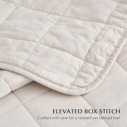 EVERGRACEHOME 100% Cotton Box Stitch Quilt Bedding Set Queen Size 3 Pieces, Garment-Washed Lightweight Soft Cozy Coverlet, Quilted Bedspread Sets with 2 Shams for All Season, Birch