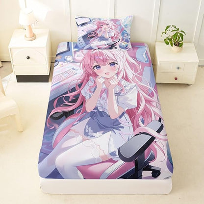 Erosebridal Kawaii Japanese Girl Fitted Sheet for Boys Girls Kids Cartoon Anime Twin Bed Sheets,Girls Gamer Sheets 3D Japanese Style Bedding Sets, No Top Sheet