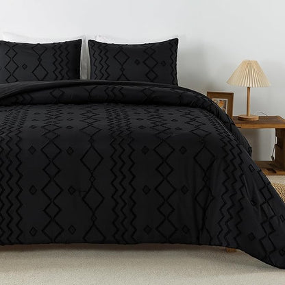Andency Black Boho Tufted Comforter Set California King, 3 Pieces Textured Farmhouse Bed, Soft Microfiber Down Alternative Geometric Comforter Bedding Set (104x96Inch)