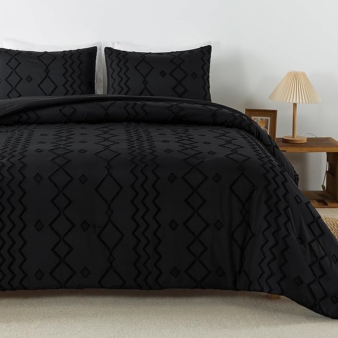 Andency Black Tufted Comforter Set Full(79x90Inch), 3 Pieces(1 Tufts Comforter, 2 Pillowcases) Boho Textured Farmhouse Bed Set, Microfiber Down Alternative Geometric Bedding